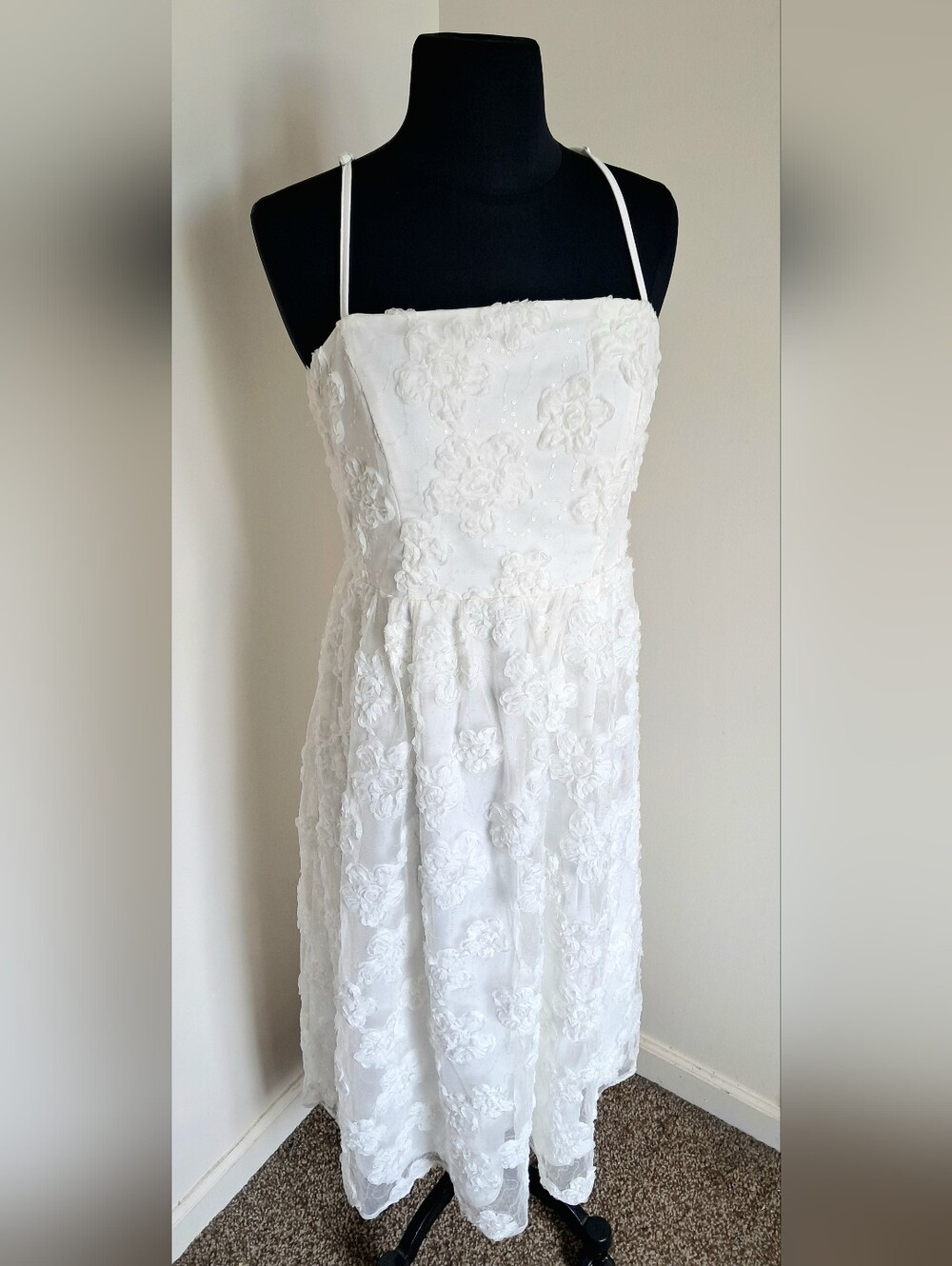 Lulus Delightful Charisma White Embroidered Sequin Mesh Midi Dress Size Large